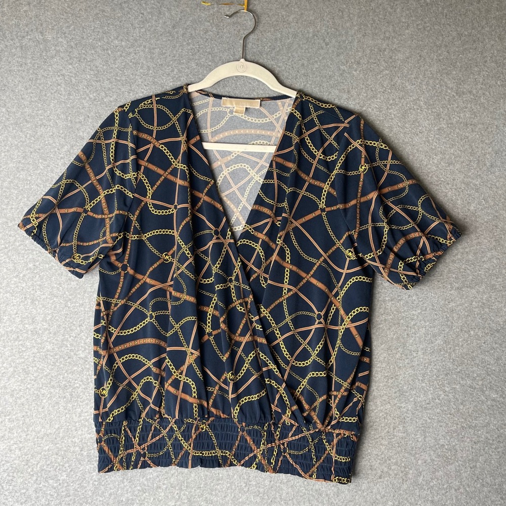 Michael Kors Womens Large Navy Blue Gold Chain Print Smocked Wrap Blouse Top